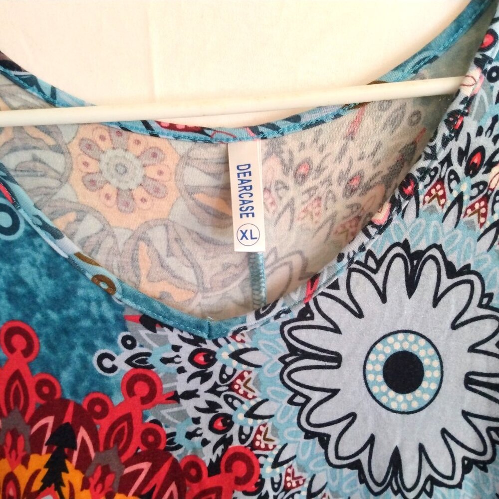 Dearcase Teal Mandala Print Swing Dress Plus XL Boho Festival Art-To-Wear Retro - Picture 3 of 9